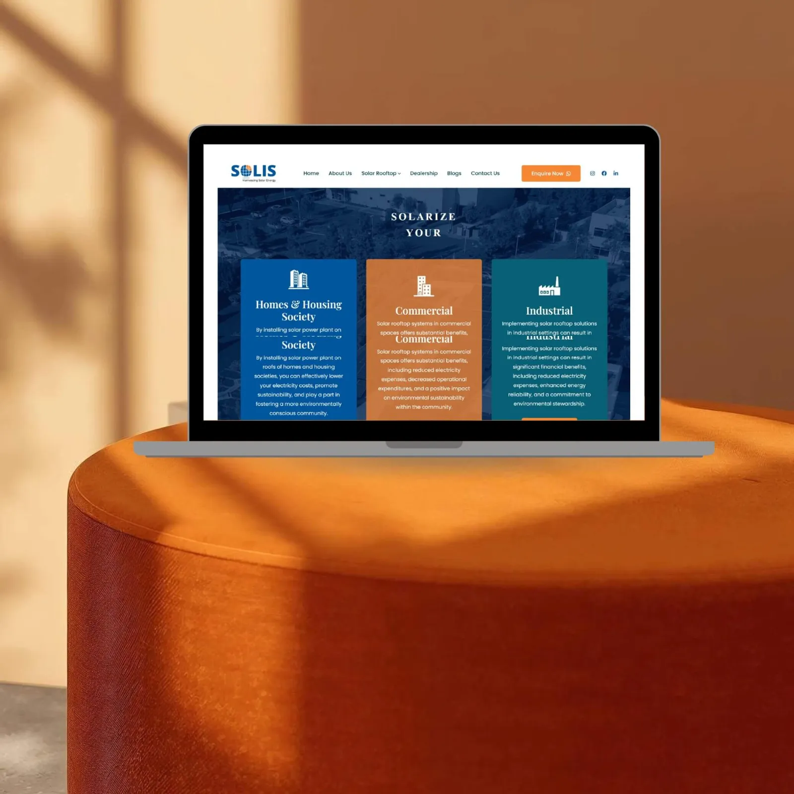 Solis Power Greentech Pvt. Ltd. website designed by CoregenX, shown on a laptop